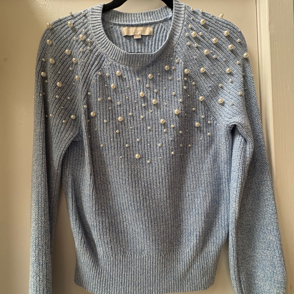 LOFT Sky Blue Sweater with Pearl Embellishments